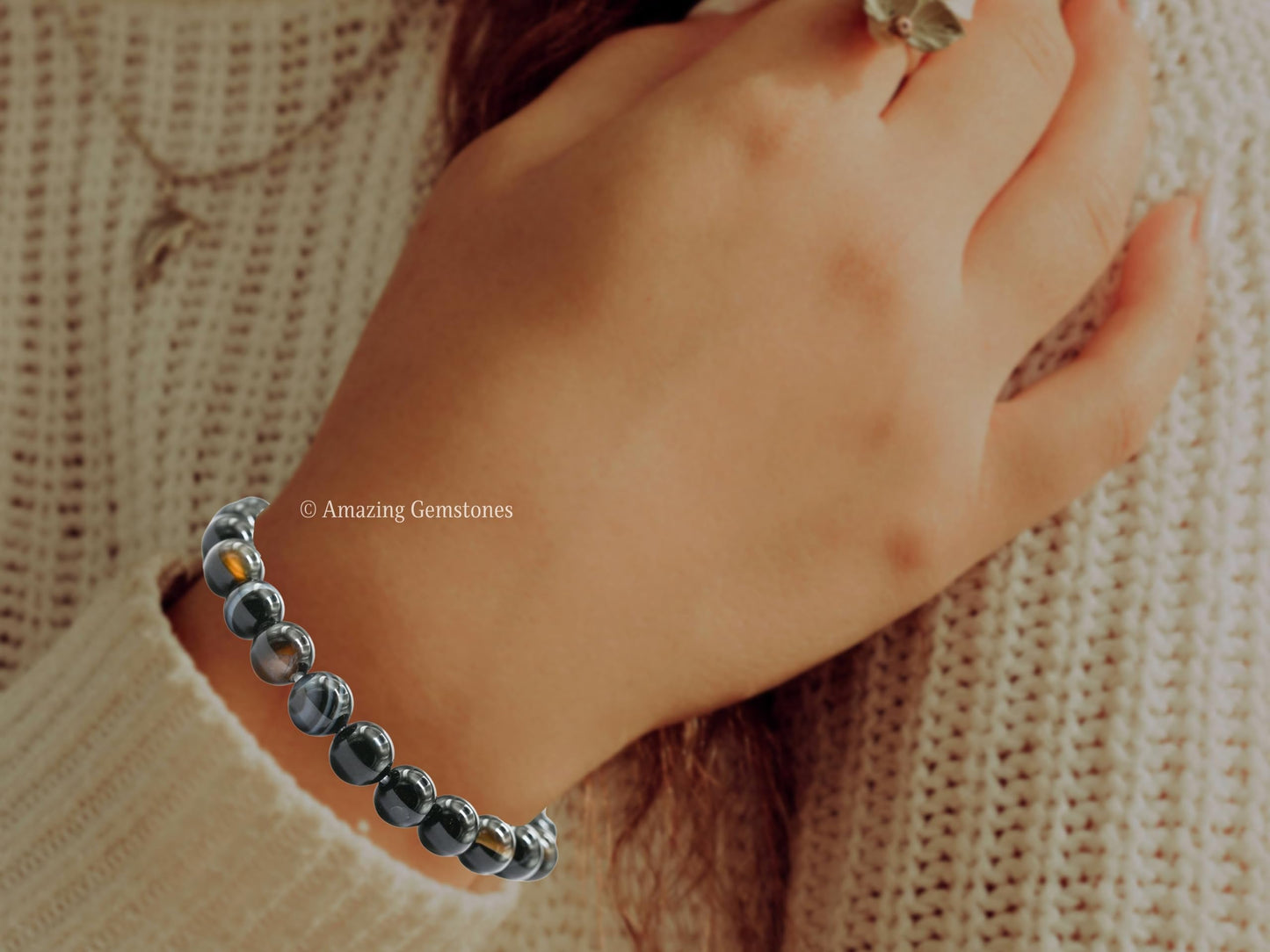 Amazing Gemstone Crystal Bracelet for Women Men's Gifts - Protection Healing Crystal Bracelet - 8mm Gemstone Beaded Stretchable Bracelet Pulseras Para Hombres Mujer Stocking Stuffers Mothers Day Gift (Black Sulemani Hakik)