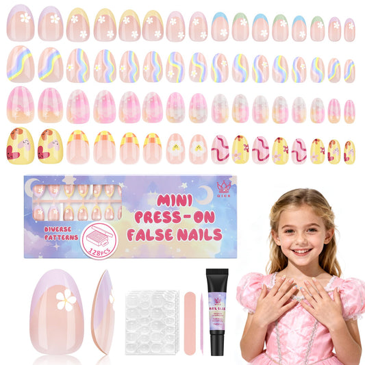 Qiek 16 Sizes 128 Pieces Press on Nails for Kids, 4 pack Kids Nail Kit Colorful Flower Almond Fake Nail Tips for Girls 8-12 Years Old with Jelly Nail Adhesives & Nail Glue Birthday Easter Gifts