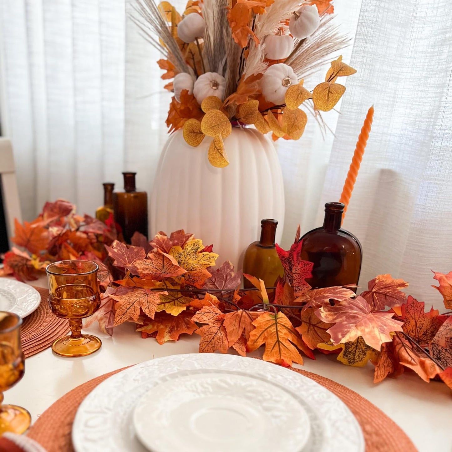 CQURE 7 Pack Fall Leaf Garland, Total 41.3Ft Artificial Fall Vines Autumn Garland Fall Maple Leaves Thanksgiving Decor for Home Wedding Fireplace Christmas
