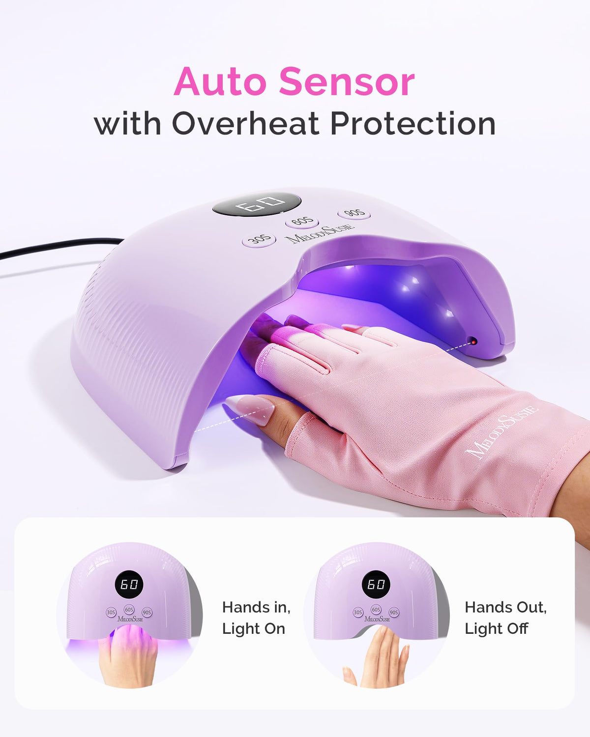 MelodySusie Compact LED UV Nail Lamp with UV Gloves, P-PLUS30A Nail Dryer with Smart Sensor Cures All Gels, Especially Rhinestone Glue, Liner & Cat Eye Gel Polishes for Advanced DIY at Home, Purple