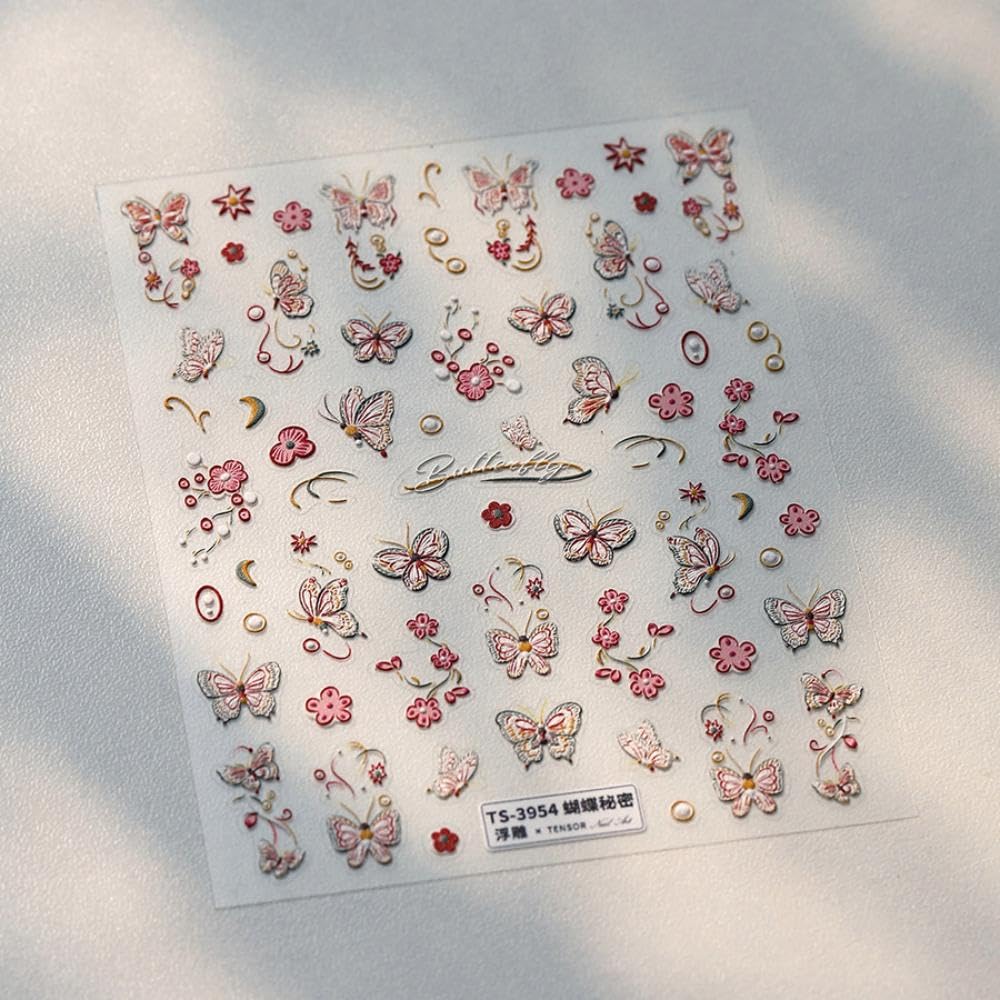 Red Butterfly Nail Stickers 5D Embossed Flower Nail Decals with Pearl Designs 3D Self-Adhesive Spring Nail Art Supplies Summer Nails Decoration Accessories for Women Girls Manicure 1 Sheet