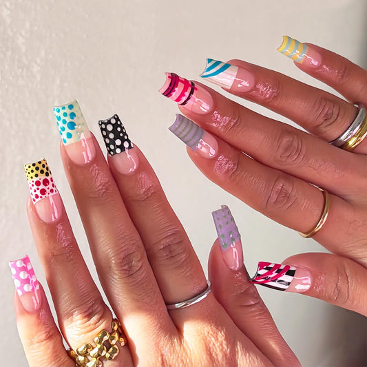 octoswave Medium Square Press on Nails, Mixed Designs Colorful French Tip with Stripes and Polka Dots Fake Nails for DIY Manicure, 12 Sizes, 24Pcs