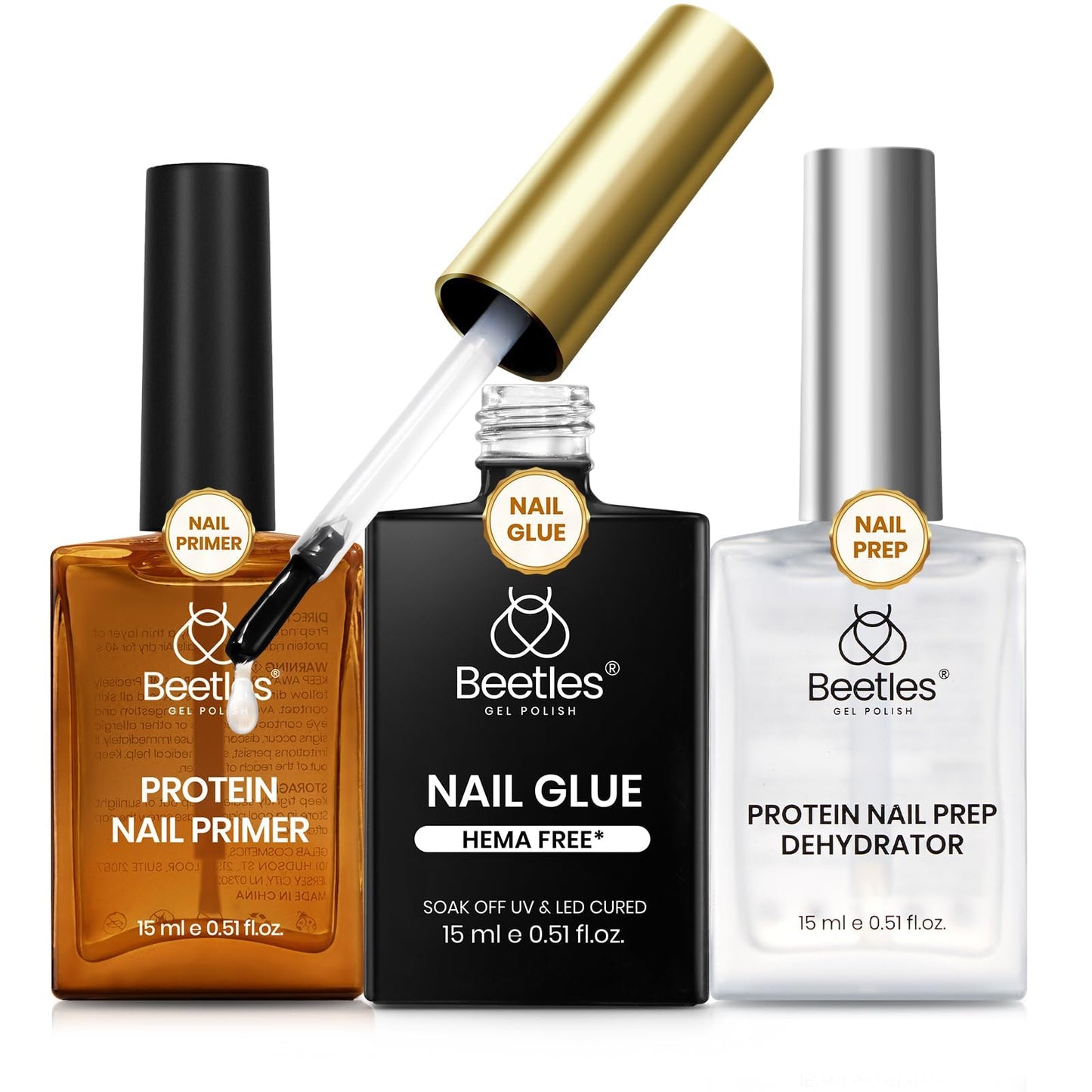 Beetles 3Pcs 15ml HEMA-Free Nail Prep & Glue Set, Professional Protein Nail Prep Acid-Free Dehydrate Bond Primer, TPO Free 9 in 1 Nail Glue Gel for Nail Tips Clear Press On Nails Nail Extension