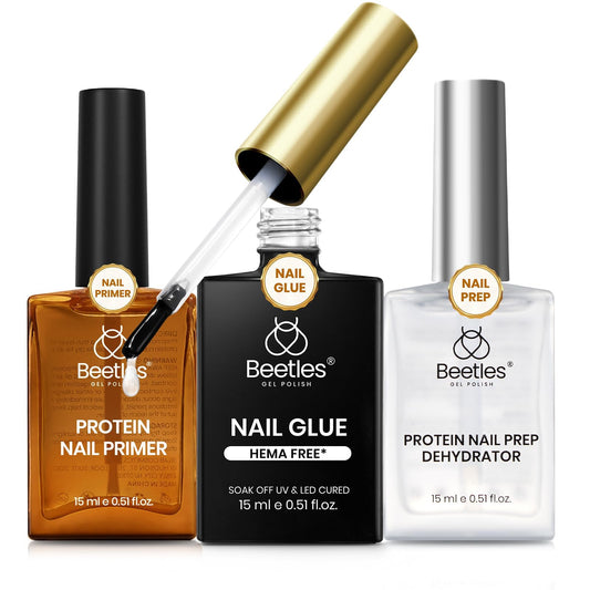 Beetles 3Pcs 15ml HEMA-Free Nail Prep & Glue Set, Professional Protein Nail Prep Acid-Free Dehydrate Bond Primer, TPO Free 9 in 1 Nail Glue Gel for Nail Tips Clear Press On Nails Nail Extension