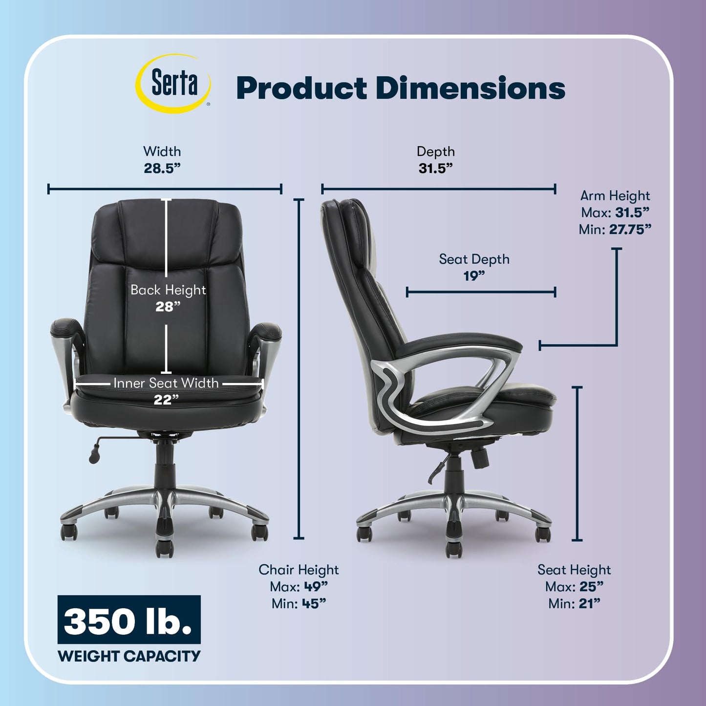 Serta Fairbanks Big and Tall Executive Office Chair - Ergonomic High Back Computer Desk Chair with Lumbar Support, Memory Foam Seat Cushion, Padded Armrests, Bonded Leather, 350 lb Capacity - Black