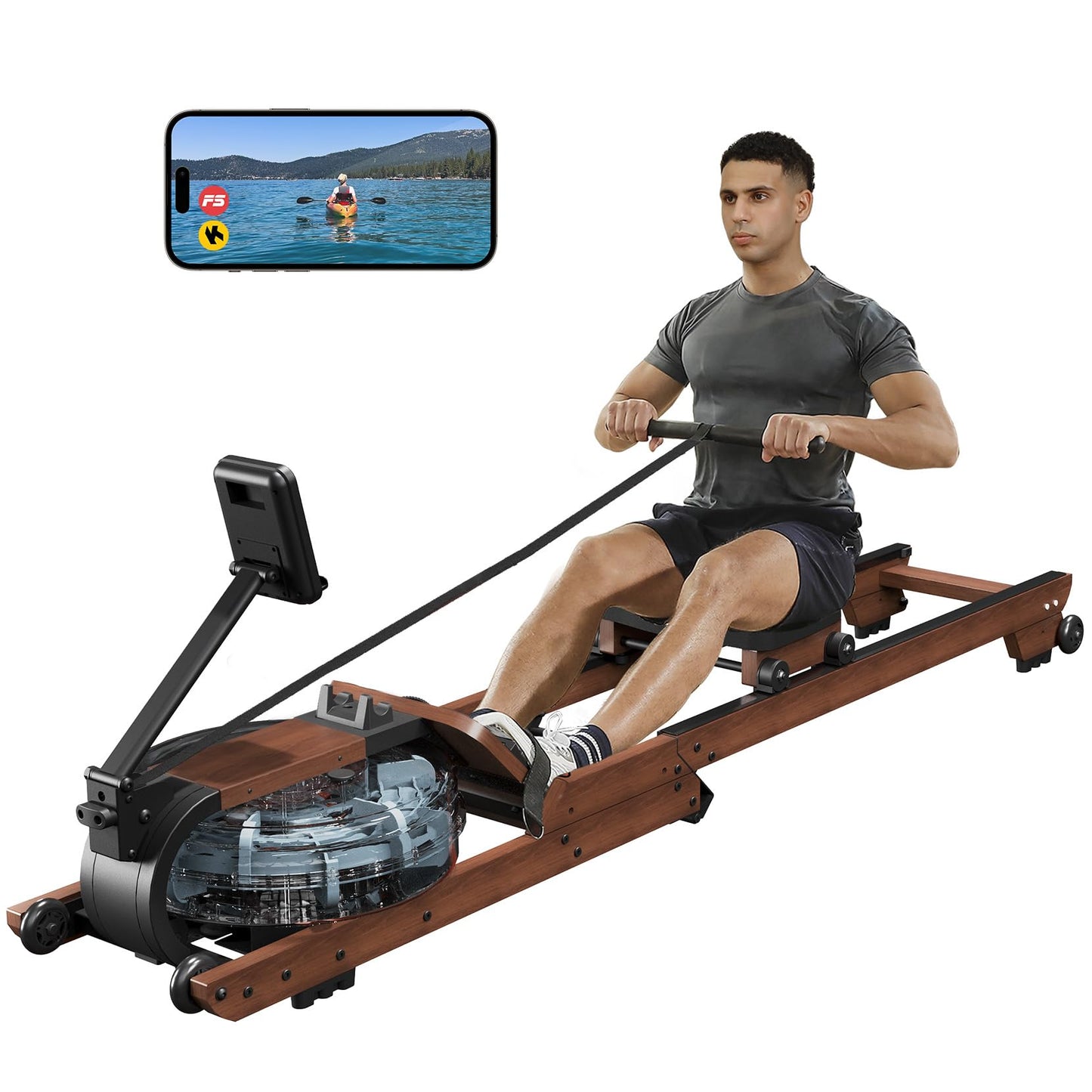 Dripex Rowing Machines for Home Foldable, Water Rowing Machine Max 350 LBS, Water Rower with Smooth Slide Rail, Comfortable Seat, Bluetooth App Supported, LCD Monitor, Wooden Row Machine for Home Gym