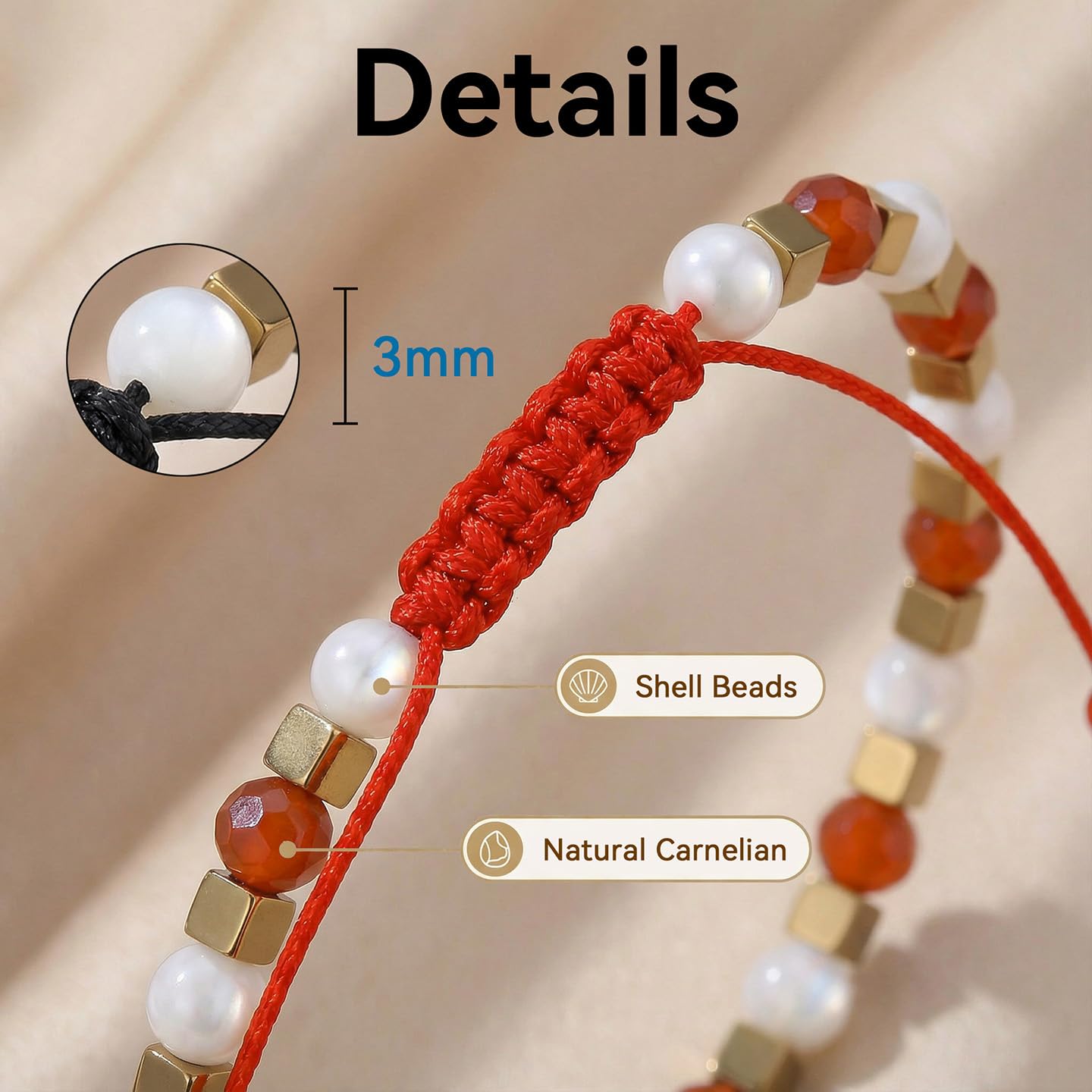 BEADSENER Red Carnelian Adjustable Charming Bracelet for Women, 3mm Natural Shell Gemstone Hematite Stone Beads, Pull String Slider Metal Free Design Waterproof, Gift for Her Daily Wear