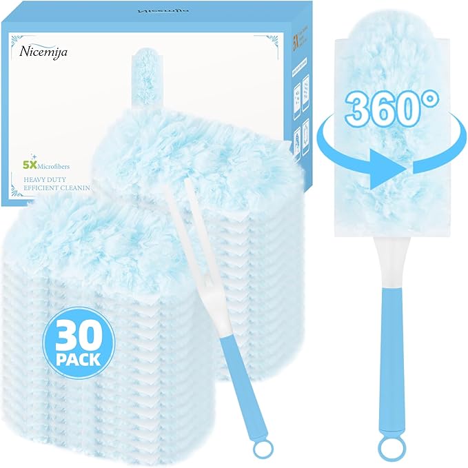 30 Count Light Blue Duster Refills Compatible with Swiffer Handle, 360Â° Multi-Surface Duster Refills with 1 Handle, 5X Microfibers Disposable Dusters for Home, Office Cleaning