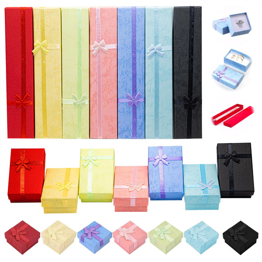 Yauhar 21Pcs 7 Colors Empty Jewelry Gift Boxes with Lids Assortment Set Contains 1.5” x 1.5” & 2”x 3” & 7.9”x 1.6” Cardboard Bowknot Packaging Box for Displaying Bracelet Rings Necklaces Earrings