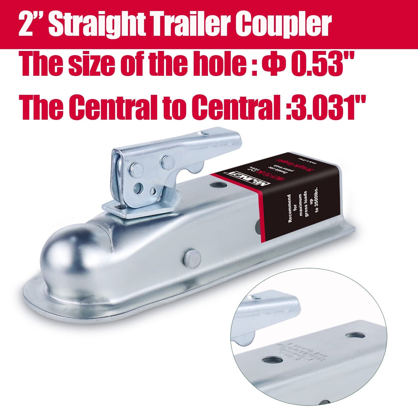 NBJINGYI Straight Trailer Coupler for 2" Ball and 2" Channel Tongue, 3500 lbs Gross Weight Capacity, Zinc Plated Steel for Boat, Utility and Equipment Trailers