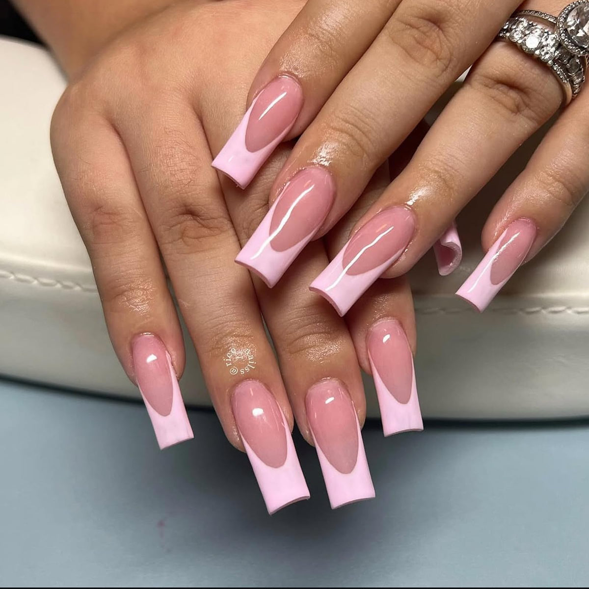 IMSOHOT Pink French Tip Press on Nails Long Square Fake Nails Nude Glossy Gel Glue on Nails Full Cover Acrylic False Nails for Women 24Pcs