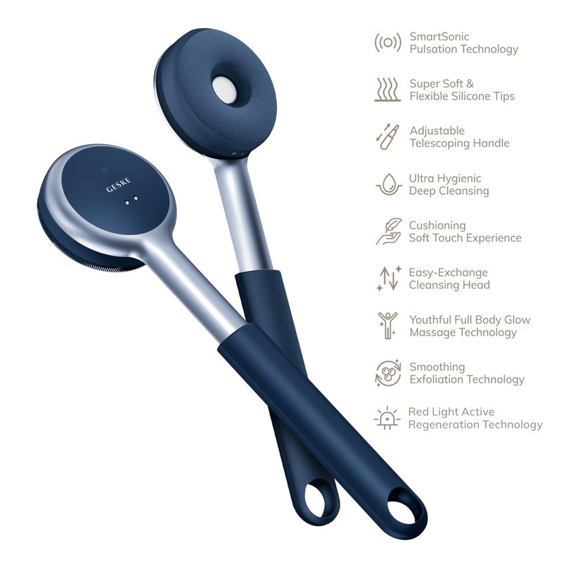 GESKE LED Sonic Full-Body Brush | 9 in 1 | Body Cleansing Brush & Intensive Exfoliator with LED | with SmartSonic Pulsations | Expert Deep Cleansing & Massage | Rough Skin Remover | Adjustable Handle