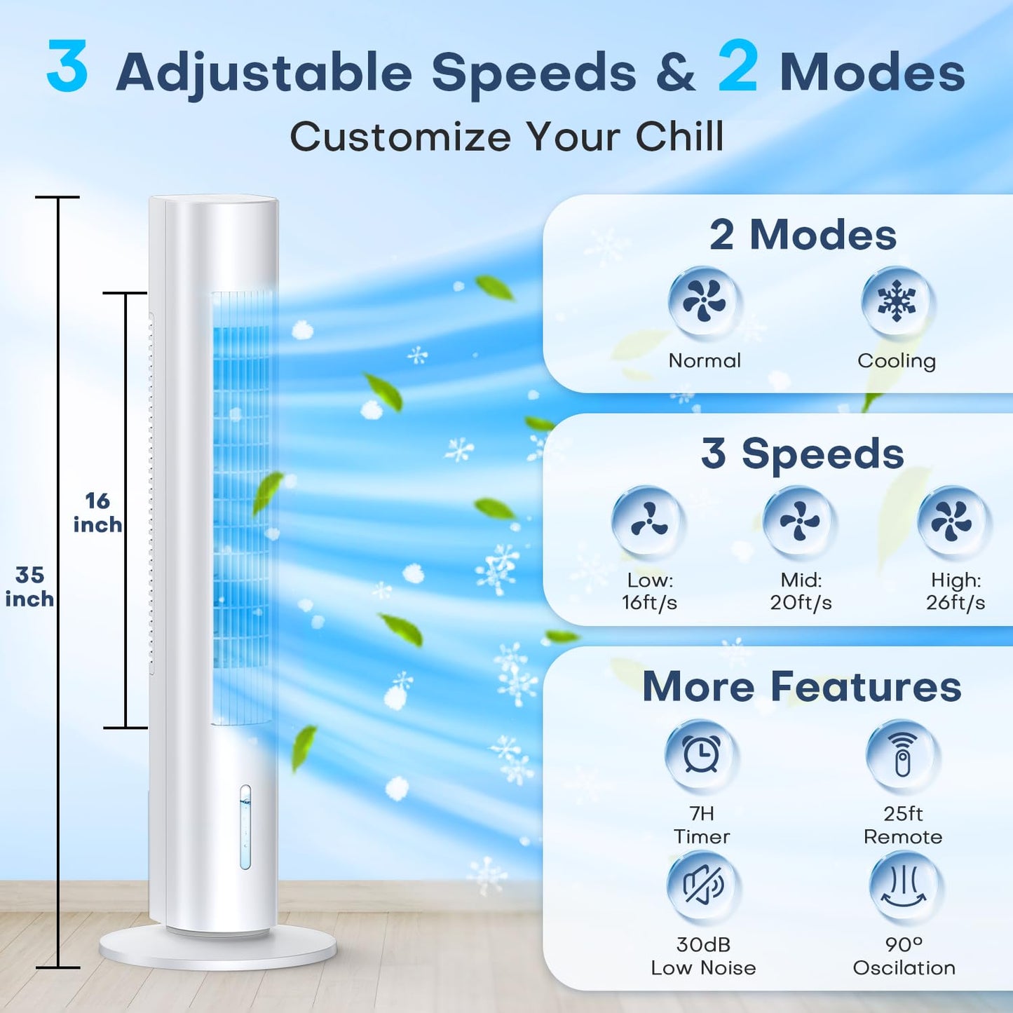 CENSTECH Windowless Portable Air Conditioners, 35" Swamp Cooler w/4 Ice Packs, 3 Speeds, 25ft Remote &7H Timer, 90°Oscillating Evaporative Air Cooler, AC Unit Cooling Fans that Blow Cold Air for Room