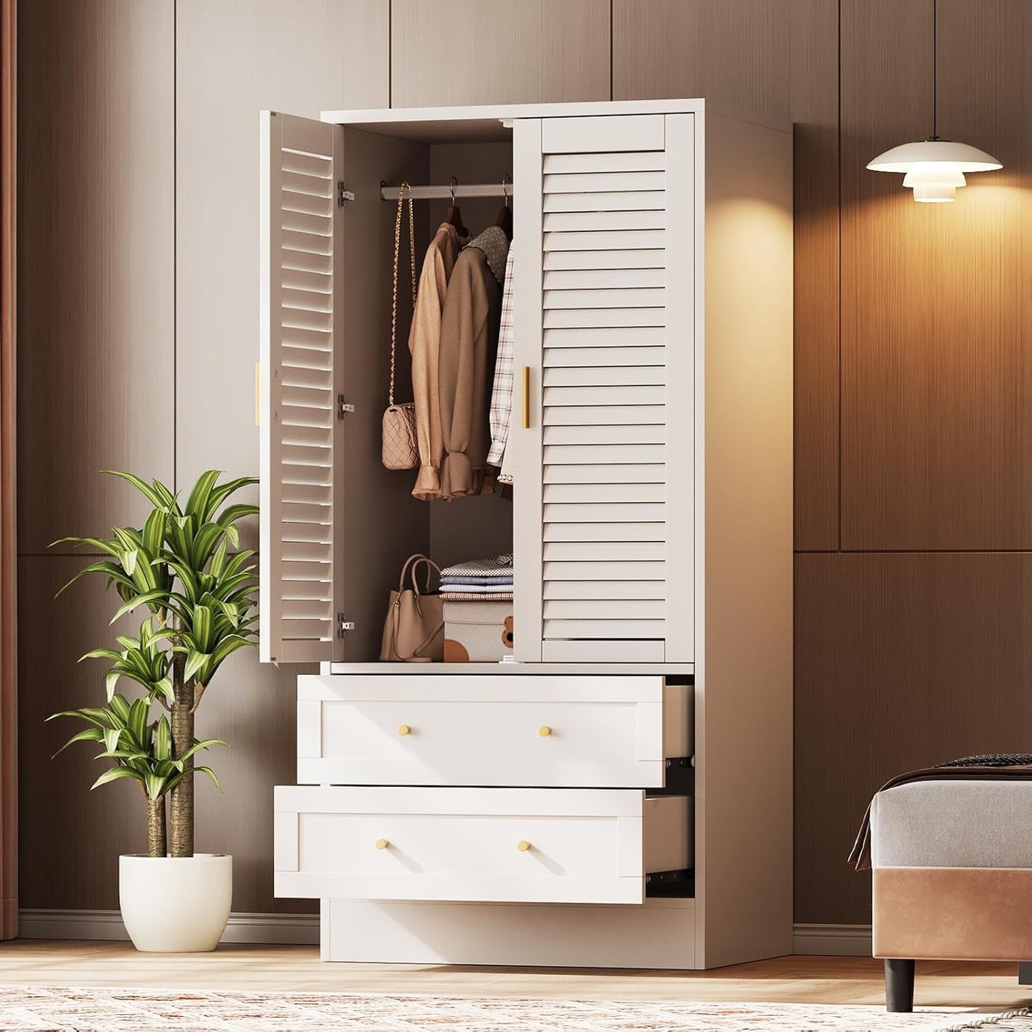 65" Louvered Armoire Wardrobe Closet, Wood Clothing Storage Cabinets with 2 Doors and 2 Drawers, Wooden Wardrobe Closet with Hanging Rod for Bedroom, Cloak Room, Laundry Room, Entrance Hall, White