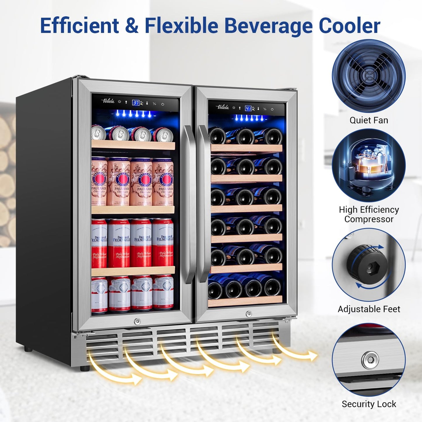 Velieta Wine and Beverage Refrigerator 30 Inch, Upgrade Dual Zone Wine Cooler, 30'' Wine beverage Fridge Built in or Freestanding Under Counter Large Capacity Glass Door Advanced Cooling System