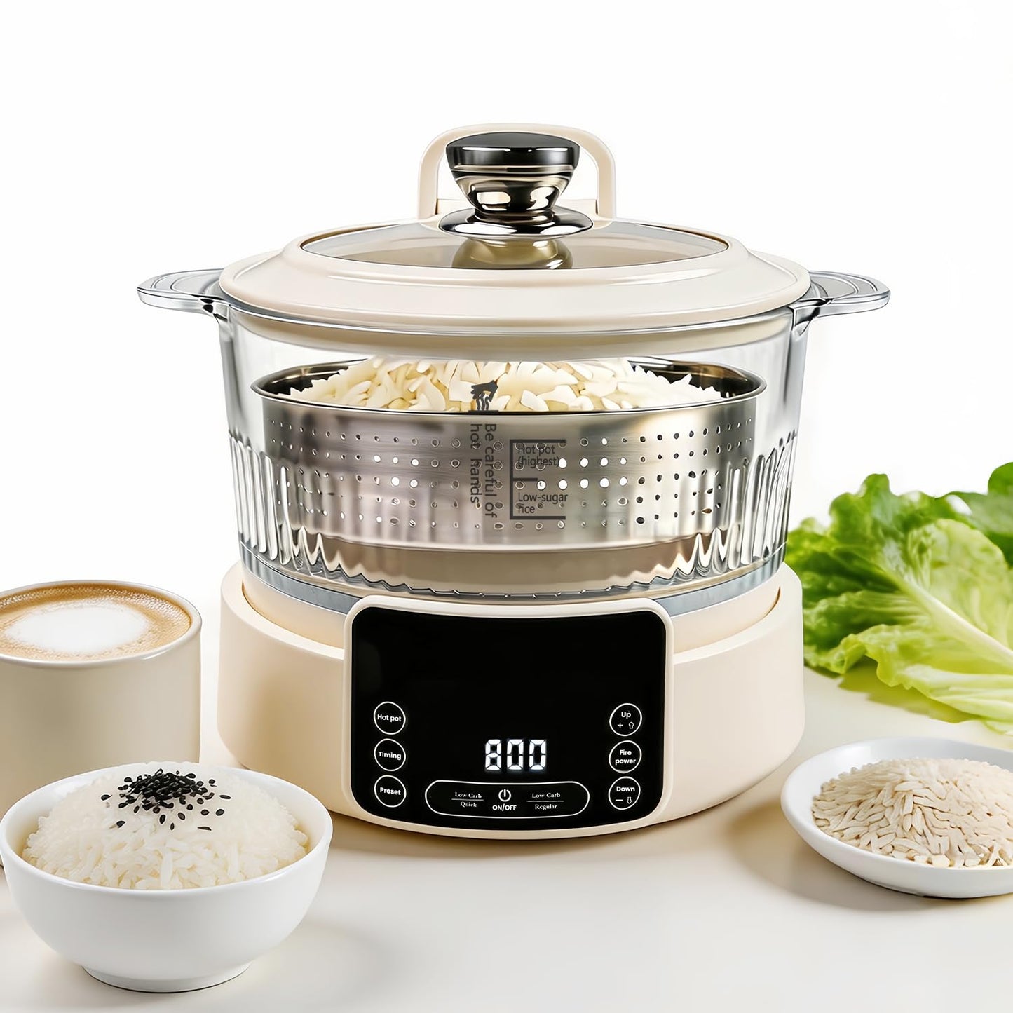 Low Carb Rice Cooker, Multifunction Smart Rice Cooker, Transparent and Visible food Steamer with Auto Lift Filter Basket (5L)