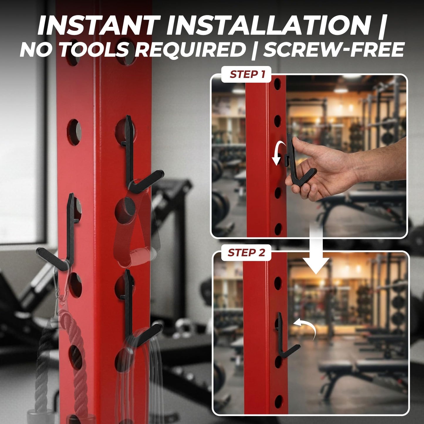 Lights Mountain Power Rack Hooks 10 Pack, J Hooks for Squat Rack, Heavy Duty Gym Storage Hooks for Resistance Bands, Belts, Chains & Cable Attachments & Accessories, Fits 5/8" & 1"" Holes"