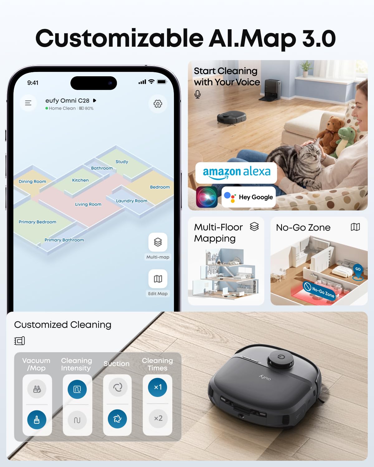 eufy Robot Vacuum C28 for Pet Hair, 15,000 Pa Suction, HydroJet™ Self-Cleaning Roller Mop, DuoSpiral Anti-Tangle Brush, All-in-One Auto-Empty Station, AI Obstacle Avoidance