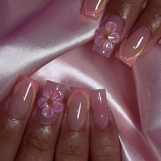 GRITOSE Pink Square Press-On False Nails with 3D Flower Design, 24 Pcs Set, Glossy Finish, Full Cover, Reusable, Summer Nails Art Kit for Women & Girls