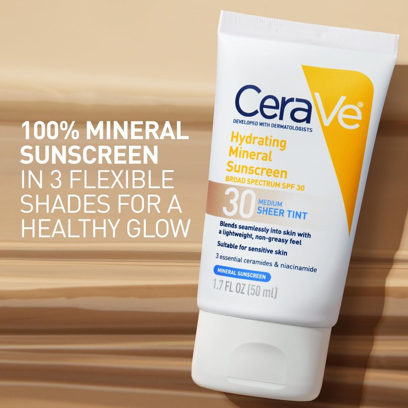 CeraVe Hydrating Mineral Sunscreen SPF 30 with Sheer Tint, Tinted Mineral Sunscreen with Zinc Oxide & Titanium Dioxide, Blends Seamlessly For Healthy Glow, Medium, 1.7 Fluid Ounce
