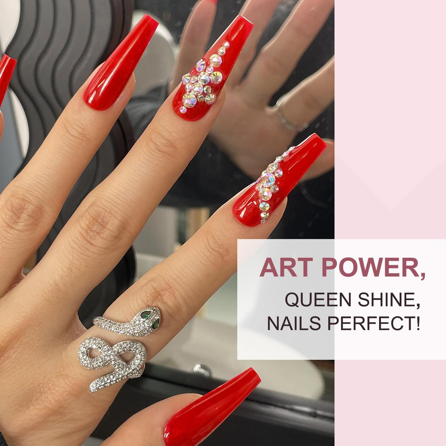 Artquee Red Coffin Press on Nails Long Fake Nails with Rhinestones Design Full Cover Luxury Bridal Wedding False Nail Kit Stick on Nails for Women 24Pcs