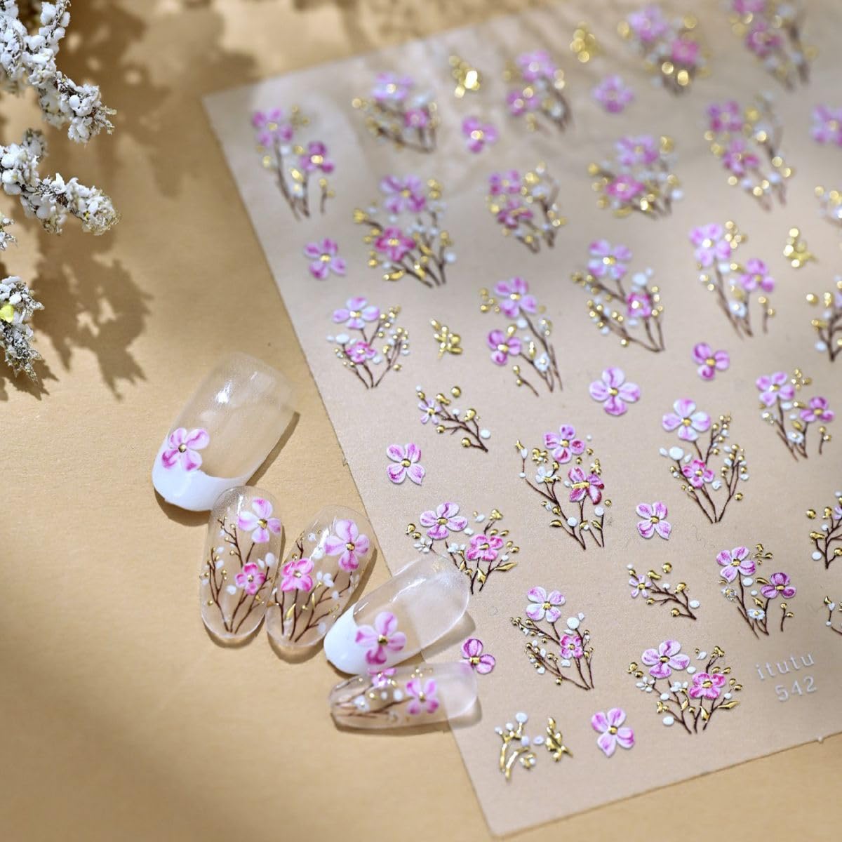 Flowers Nail Stickers 5D Embossed Purple Nail Art Stickers Self-Adhesive Spring Summer Nail Decals for Women Girls DIY Manicure 1 Sheet