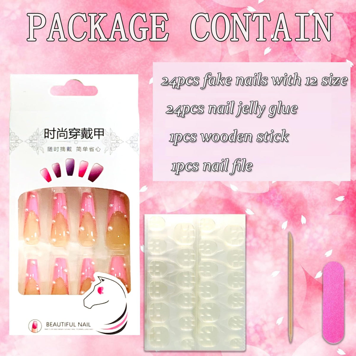 Vezocim Press on Nails Coffin Long French Tips Pink Glossy Full Cover Acrylic Square Fake Nails with Pearl Designs Extra Long Artificial False Nails Glue on Fingernails with Charm for Women Girls