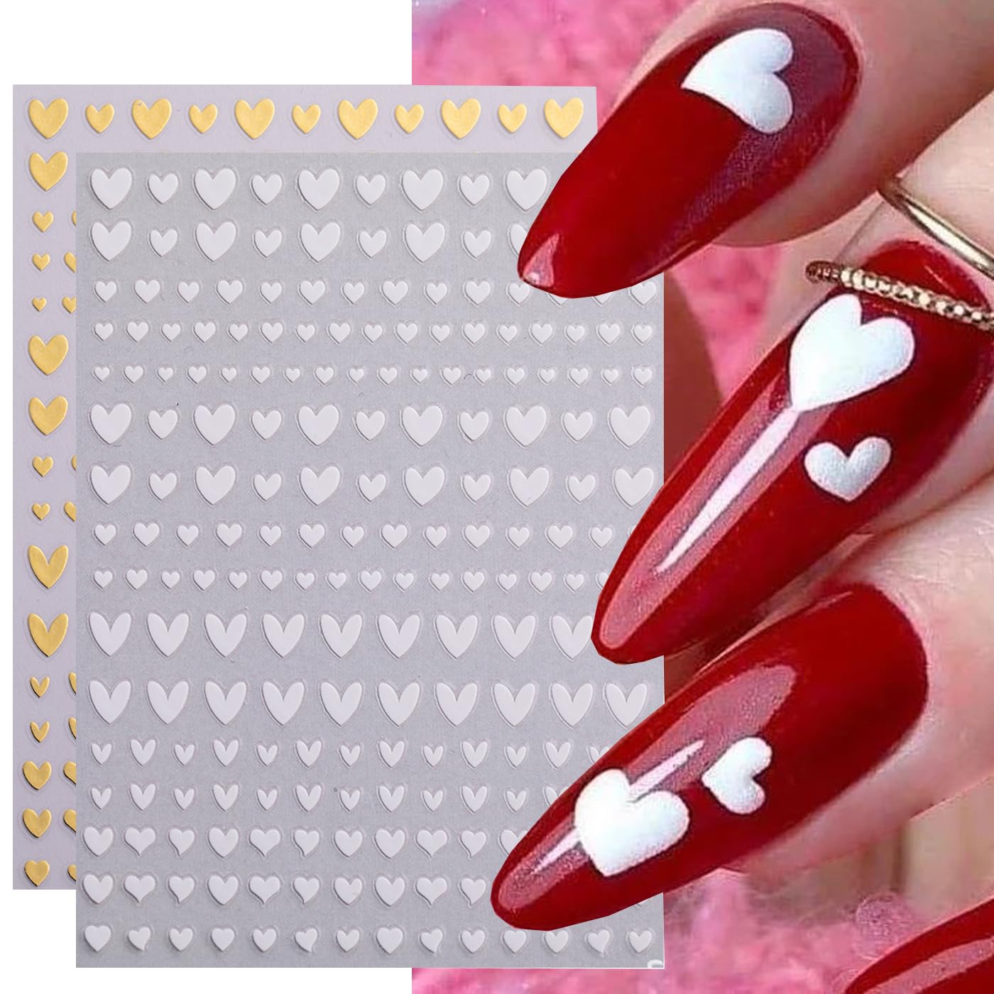 Heart Nail Stickers Decals for Nail Art, 6Sheets 3D Self Adhesive Hearts Nail Art Stickers for Women Gold Black White Red Heart Love Patterns Elegant Design DIY Valentines Manicure Accessories