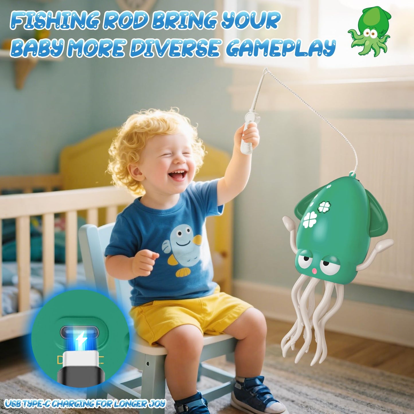 AOTIBO Baby Dancing Octopus Toy for 1 2 3 4 5 Year Old Boy Girl, Baby Tummy Time Electric Crawling Octopus Toys 12-18 Months, Dancing Squid Toy for Walking Toddlers, Kids 1st Birthday Gifts, Green