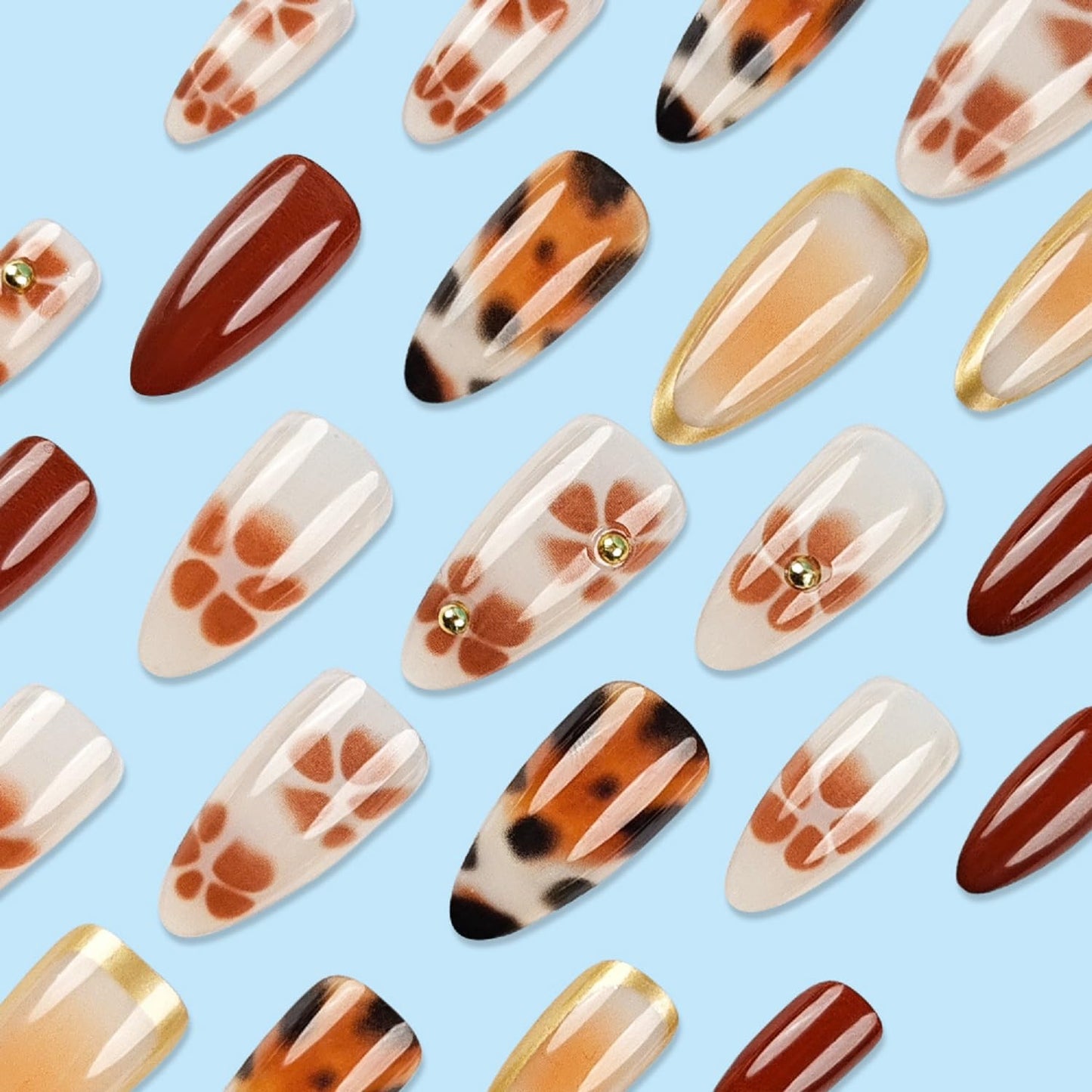 Medium Almond Press On Nails Brown Fake Nails Leopard Print With Flower Gradient Design Fall False Nails Reusable Glue On Nai Acrylic Stick On Nail For Women Girls DIY Manicure 24pcs