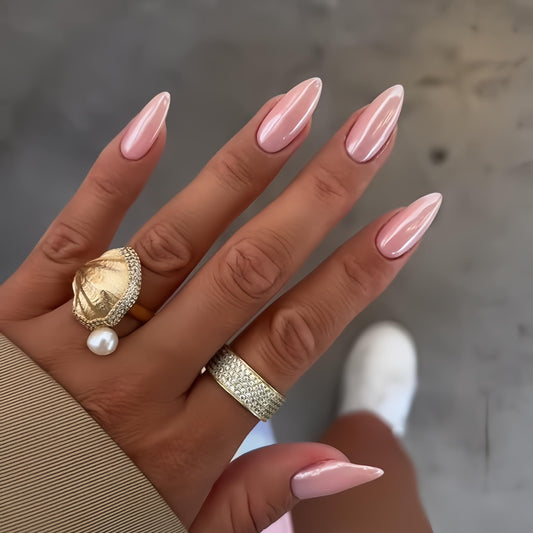 Flesh Pink Press On Nails Almond - KQueenest Chrome Press On Nails Medium, Pearlescent Peach Fake Nails Press ons, Glitter Glue on Nails Medium Stiletto, Glazed Gel Stick On Nails for Women, 24 Pcs