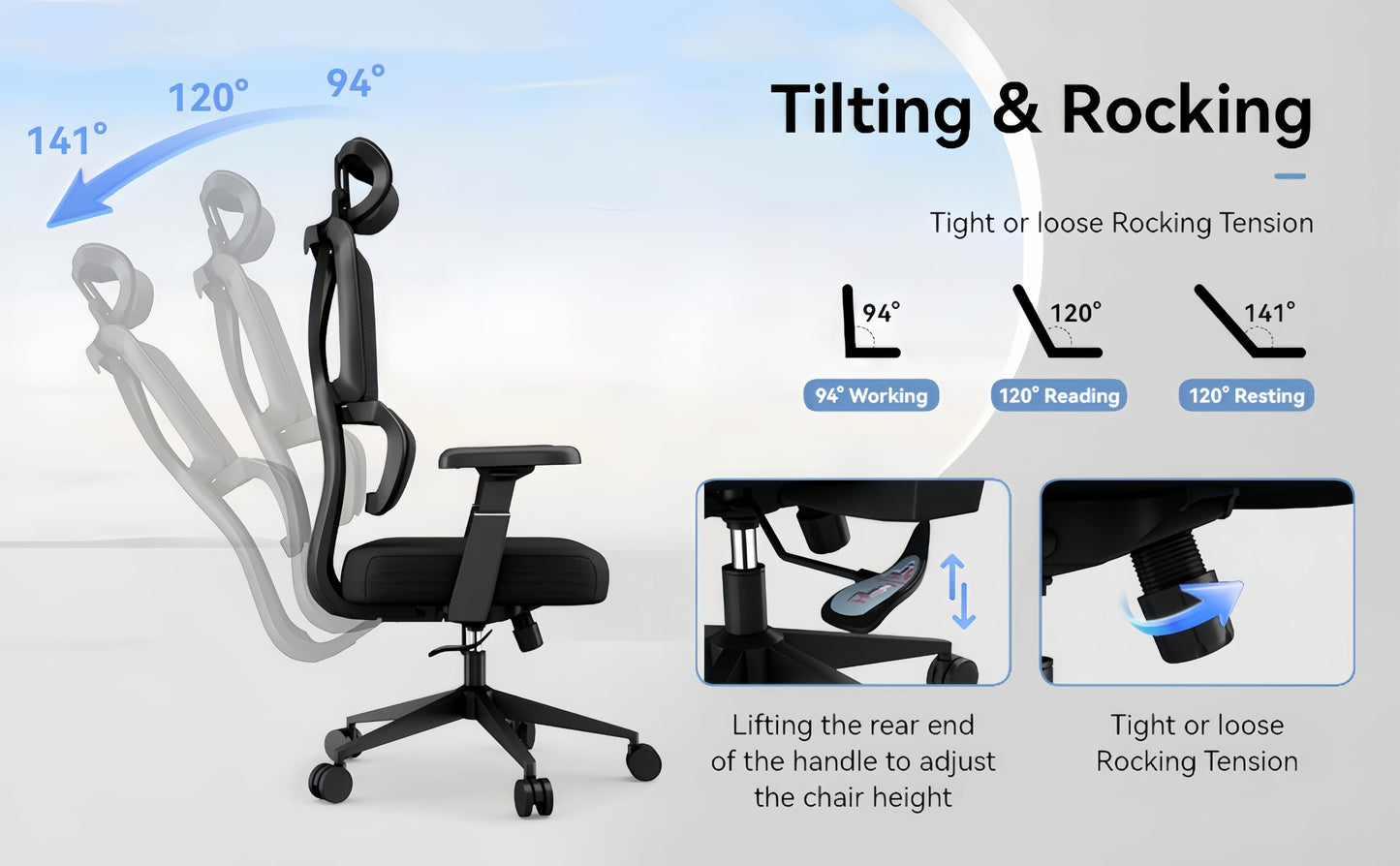 BIKIGIRL Ergonomic Office Chair Mesh High Back Computer Desk Chair with Lumbar Support, Adjustable Headrest, 3D Armrests, Tilt Lock for Home Office & Gaming