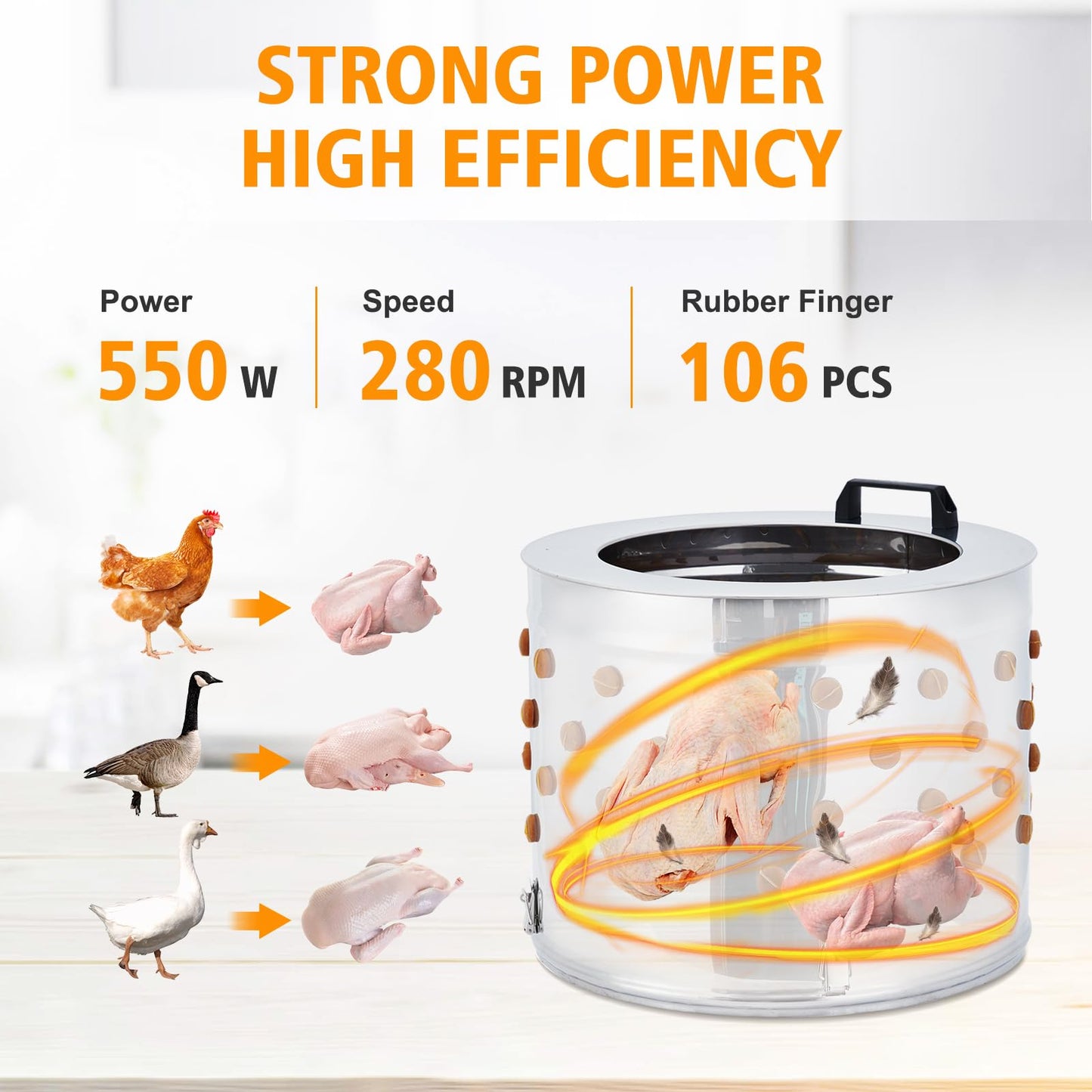 ActiveTrail 20" Stainless Steel Chicken Plucker Machine, 106 Soft Rubber Fingers, 550w Poultry Plucker with Wheels for Farm & Restaurant