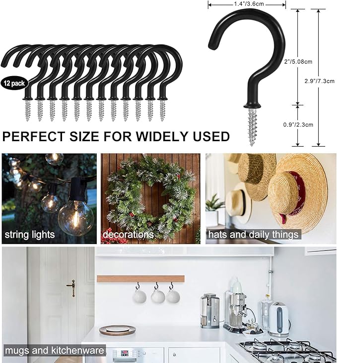2 Inch Ceiling Hooks, Vinyl Coated Screw-in Cup Hook for Hanging Plants, Lights, Mugs - Heavy Duty Indoor Outdoor Use, Metal Wall Kitchen Hanger, Black (12 Pack)