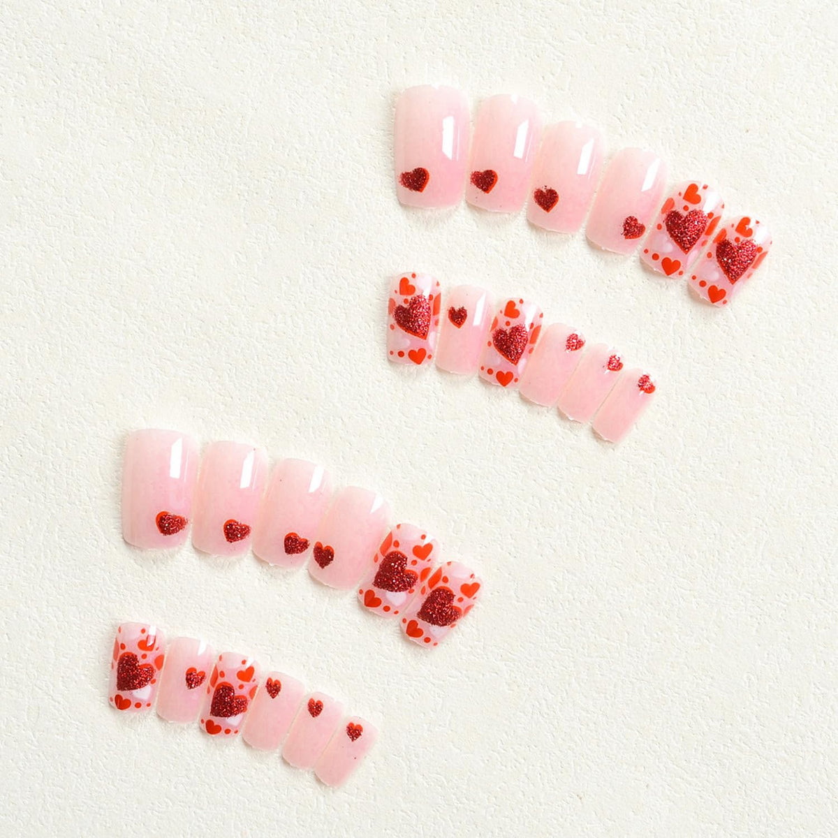 Valentine's Day Press on Nail Medium Length Square Fake Nails Nude Pink Press ones with Red Hearts designs Stick on Nail Glitter Acrylic Press ones Full Cover Reusable Glue on Nails for Women 24pcs