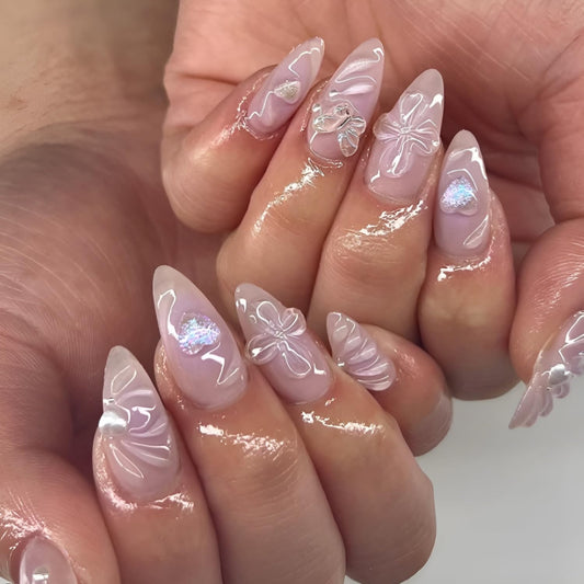 3D Flower Press on Nails Medium Almond Fake Nails Heart Butterfly Nails Press Ons Glossy Full Cover False Nails Purple Glue on Nail Acrylic Stick on Nails for Women Decorations Set 24Pcs