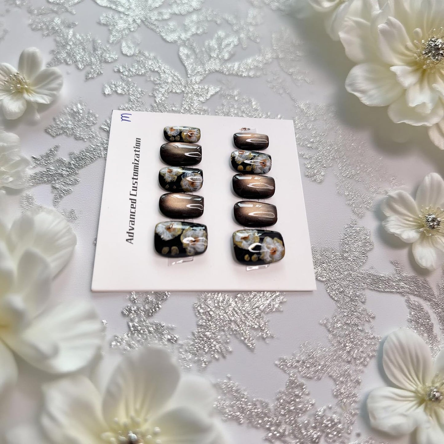 Handmade Press on Nails Short Square Fake Nails Press Ons Gold Brown Glitter Luxury Flower Full Cover Stick on Nails Glue on Nails for Women Girls Manicure (Floral Glitter S)