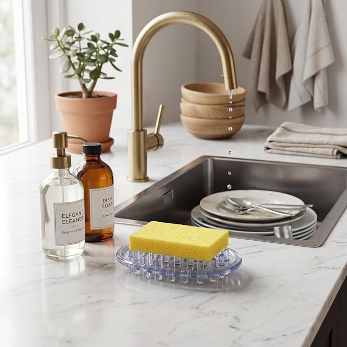 4 Pcs Plastic Soap Holder Soap Dish Bar Saver Tray with Holes Sponge Holder for Kitchen Bathroom Shower Counter, 4.5 x 3 x 0.7 Inches (Clear,Light Gray)