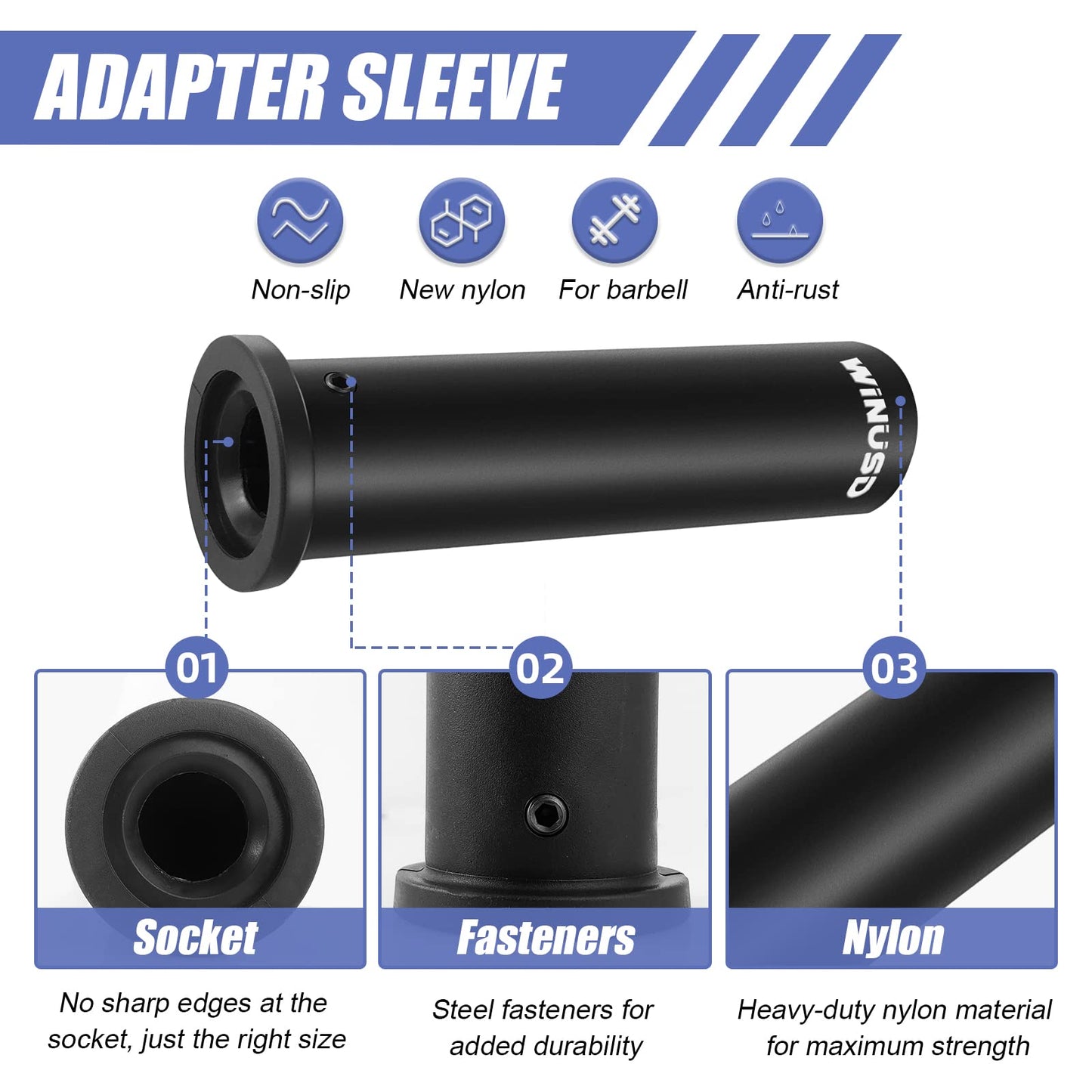 WINUSD 2Pcs Nylon Olympic Adapter Sleeve 8- Converts 1" Standard Weight Plate Posts to 2- Olympic Weight Plate PostsIncludes Removable end Cap and Allen Key"