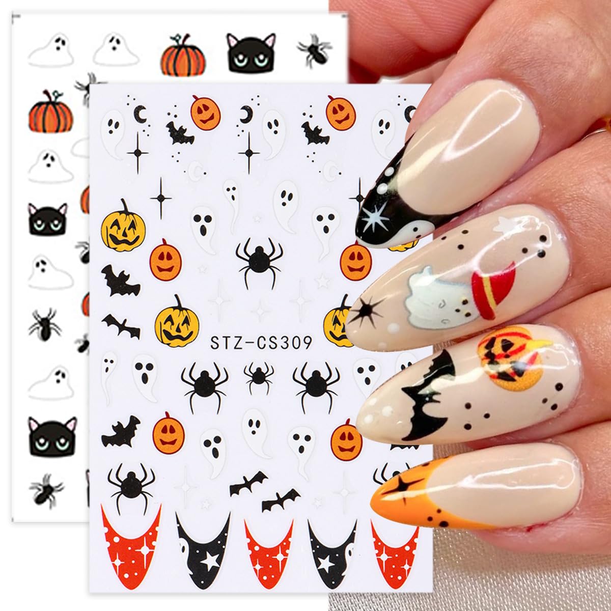 8 Sheets Halloween Nail Stickers 3D Self-Adhesive Horror Mushroom Nail Art Stickers Cat Flower Spider Pumpkin Nail Design Cute Ghost with French Tip Gothic Nail Decals for Women Manicure Salon