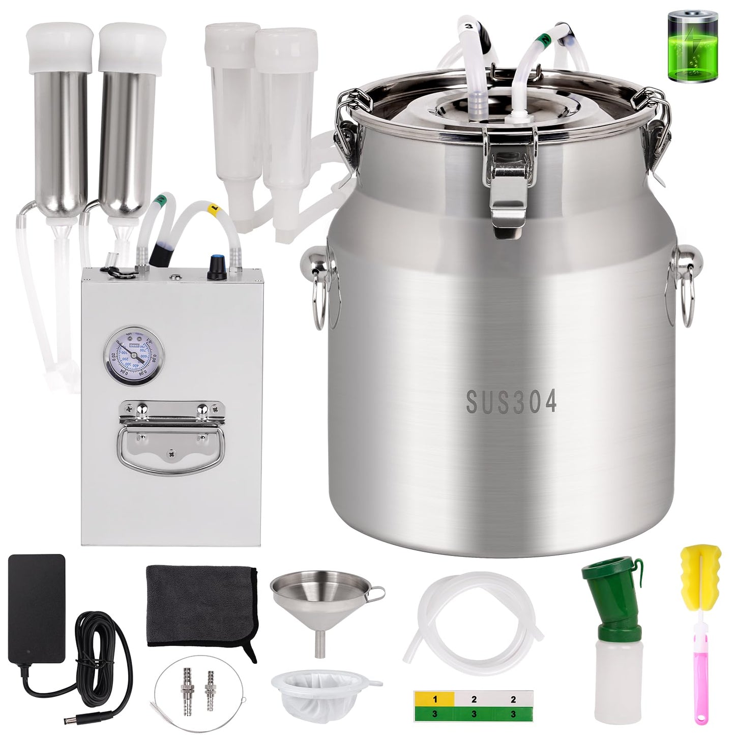 KHEARPSL 8L Cow/Goat Two-in-One Rechargeable Electric Milker, Goat Milker Machine, Cow Milking Machine, The Latest Pulsation Vacuum Pump with Pressure Gauge, 304 Stainless Steel Bucket (Rechargeable)