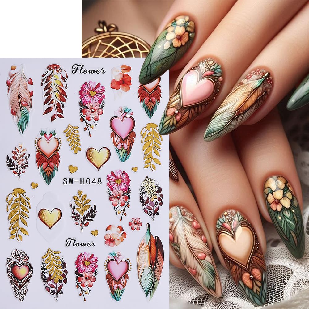 Nail Art Stickers 3D Self Adhesive Bohemian Decals Dreamcatcher, Heart Nail Supplies Nail Art Design Decoration Accessories for Women and Girls, Manicure Decor