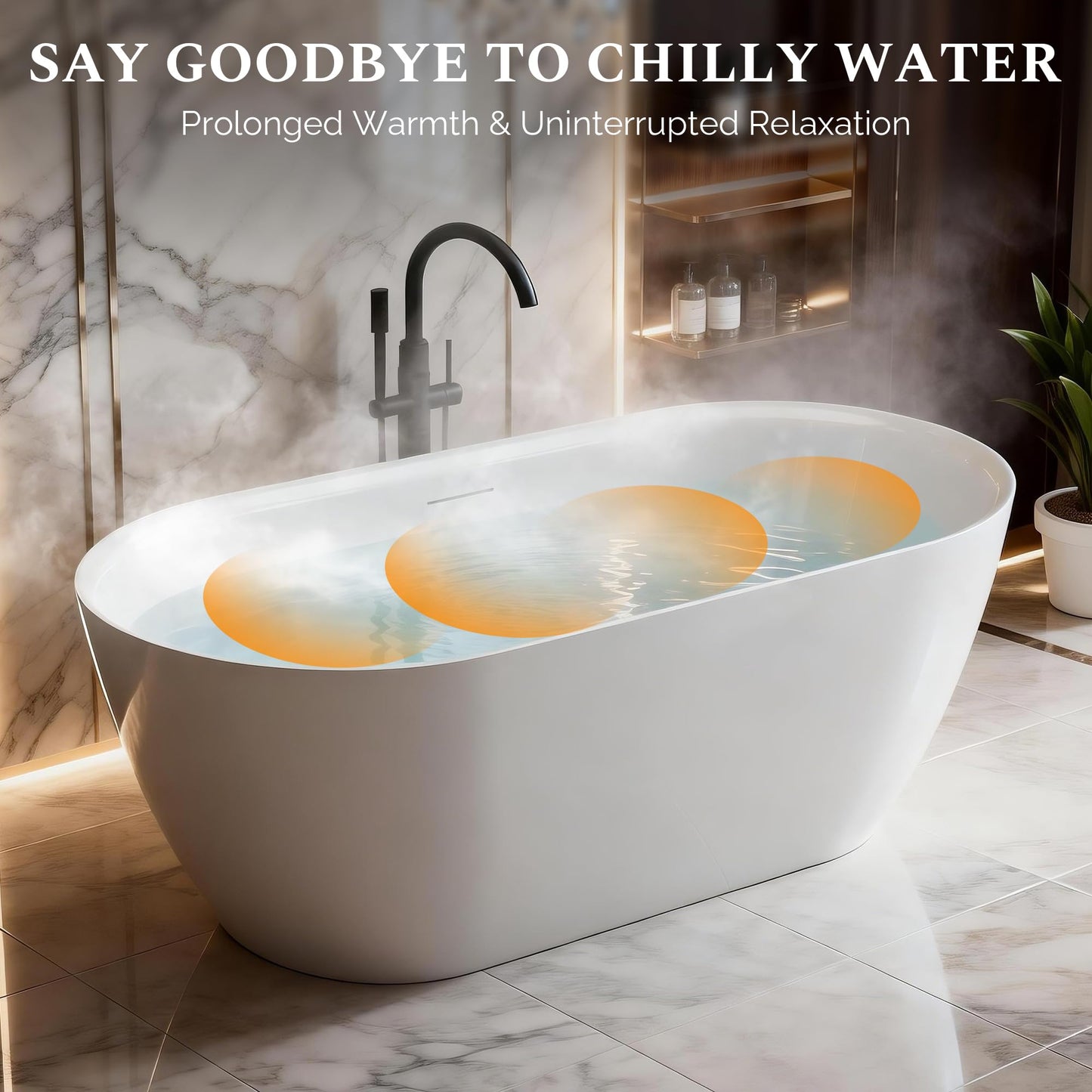 59" Freestanding Bathtub, Modern Oval Acrylic Soaking Tub with Overflow & Pop-up Device Function, cUPC Certified Deep Standalone Tub, Double-Walled Insulation, White