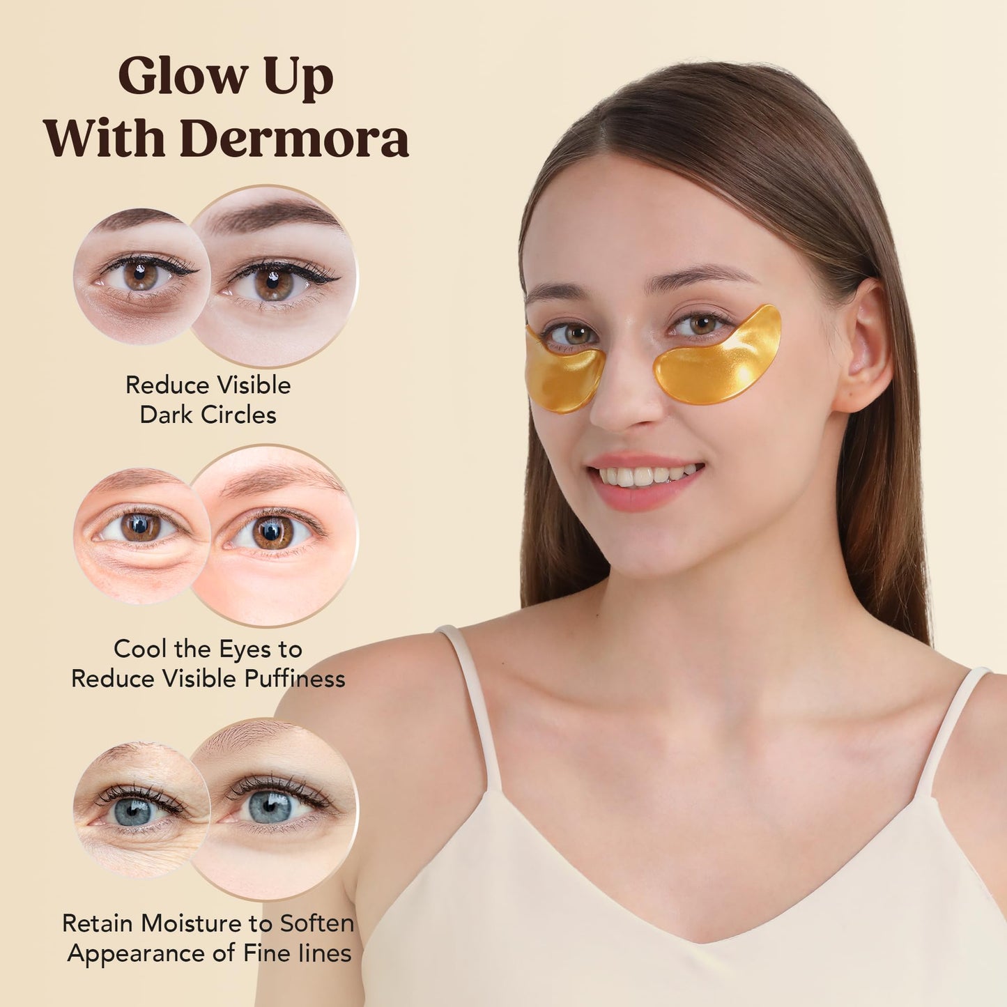 DERMORA Golden Glow Under Eye Patches - 20 Pairs Individually Packed, Hydrating Soft Gel Eye Masks for Puffiness, Wrinkles, Dark Circles & Fine Lines, Glowing Skin, Travel Friendly