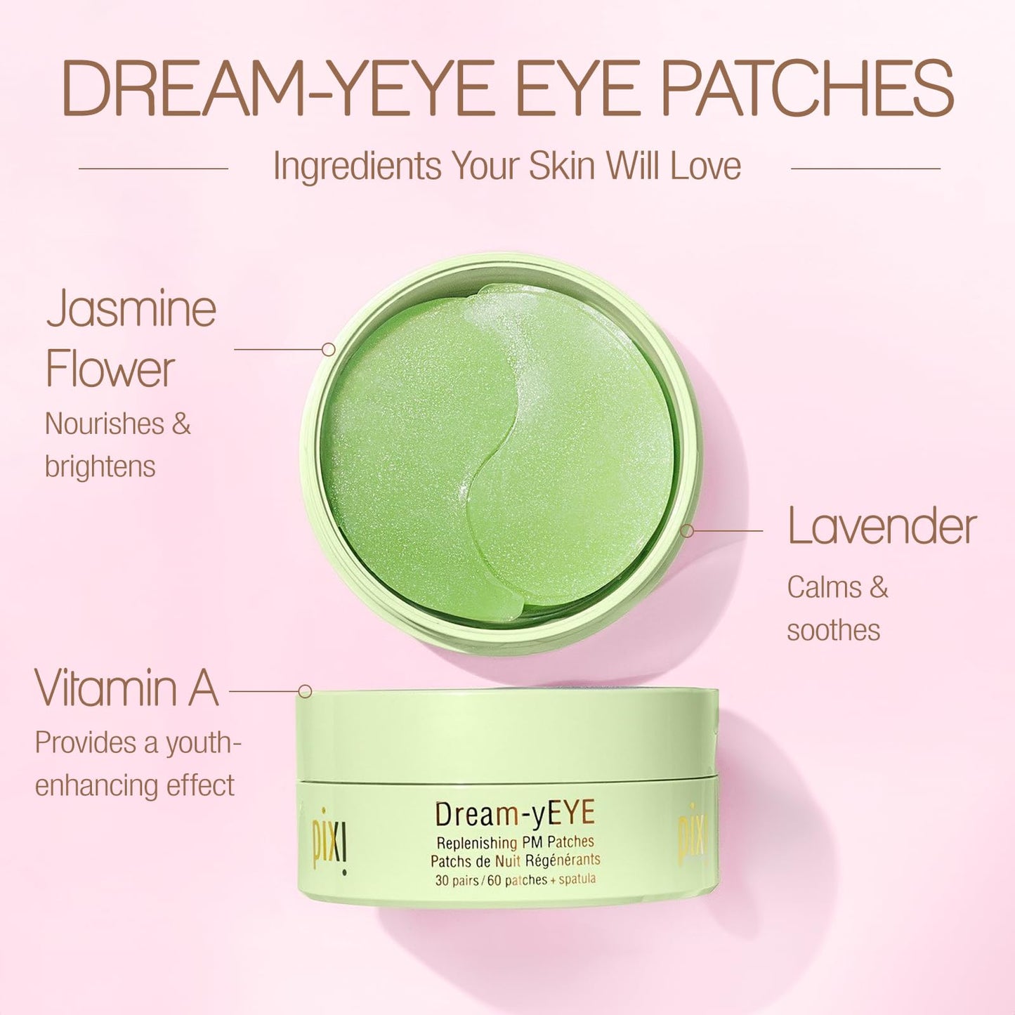 Pixi Beauty Dream-yEYE Calming Hydrogel Under Eye Patches with Ceramides for PM | Vitamin A and Jasminie Hydrate, Smooth & Restore Under Eyes | 60 Patches