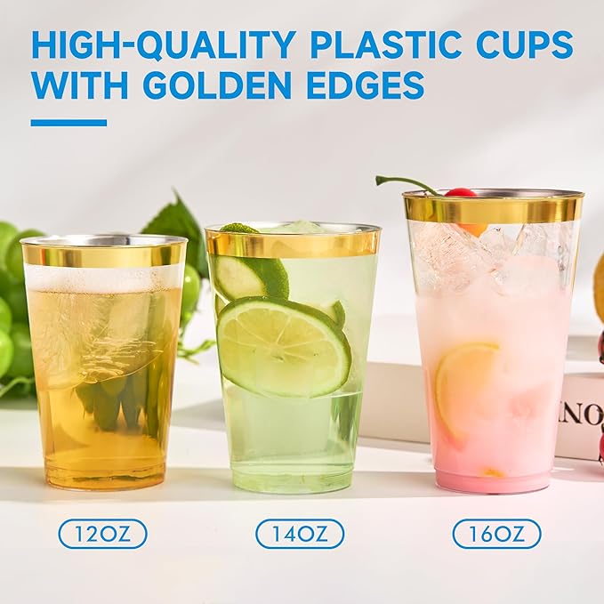 RACETOP 16 oz 200 Pack Disposable Plastic Cups with Gold Rim, Disposable Gold Rim Plastic Cups for Parties, Weddings, Gatherings, and Festival Events