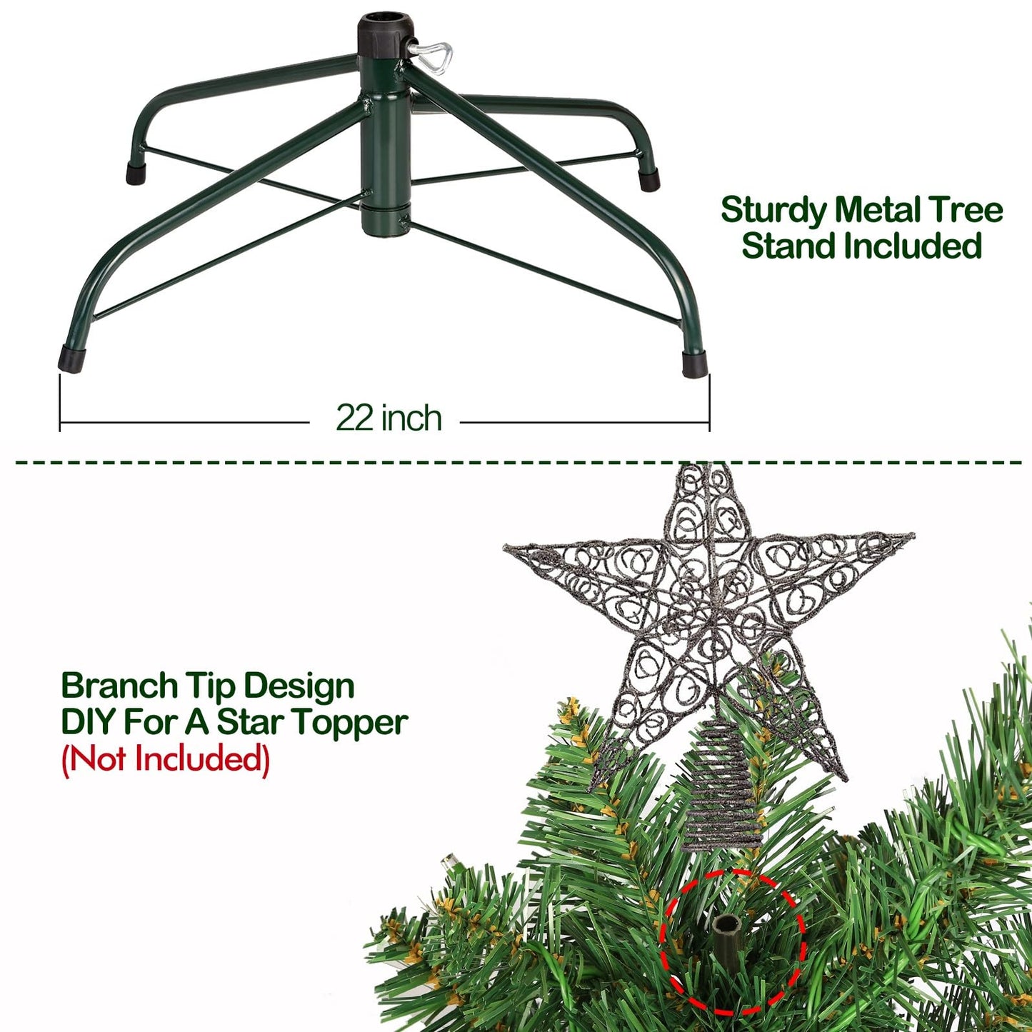 Hykolity 7.5 ft Prelit Christmas Tree, Artificial Christmas Tree with 450 Warm White Lights, 1450 Branch Tips, Metal Stand and Hinged Branches