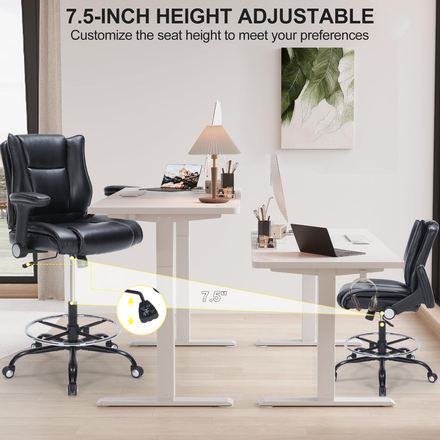 OLYFING Drafting Chair, Tall Office Chair with Padded Adjustable Arms and Footring PU Leather Standing Desk Chair with Extra Thicken Seat Cushion, Comfy High Office Chair for Counter Height Desk