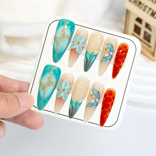 10 Pcs Handmade Press on Nails Long Stiletto Fake Nails with Design Blue 3D Flower Glitter False Nails French Tip Acrylic Stick on Nails for Women Wedding Nail Art - Size M