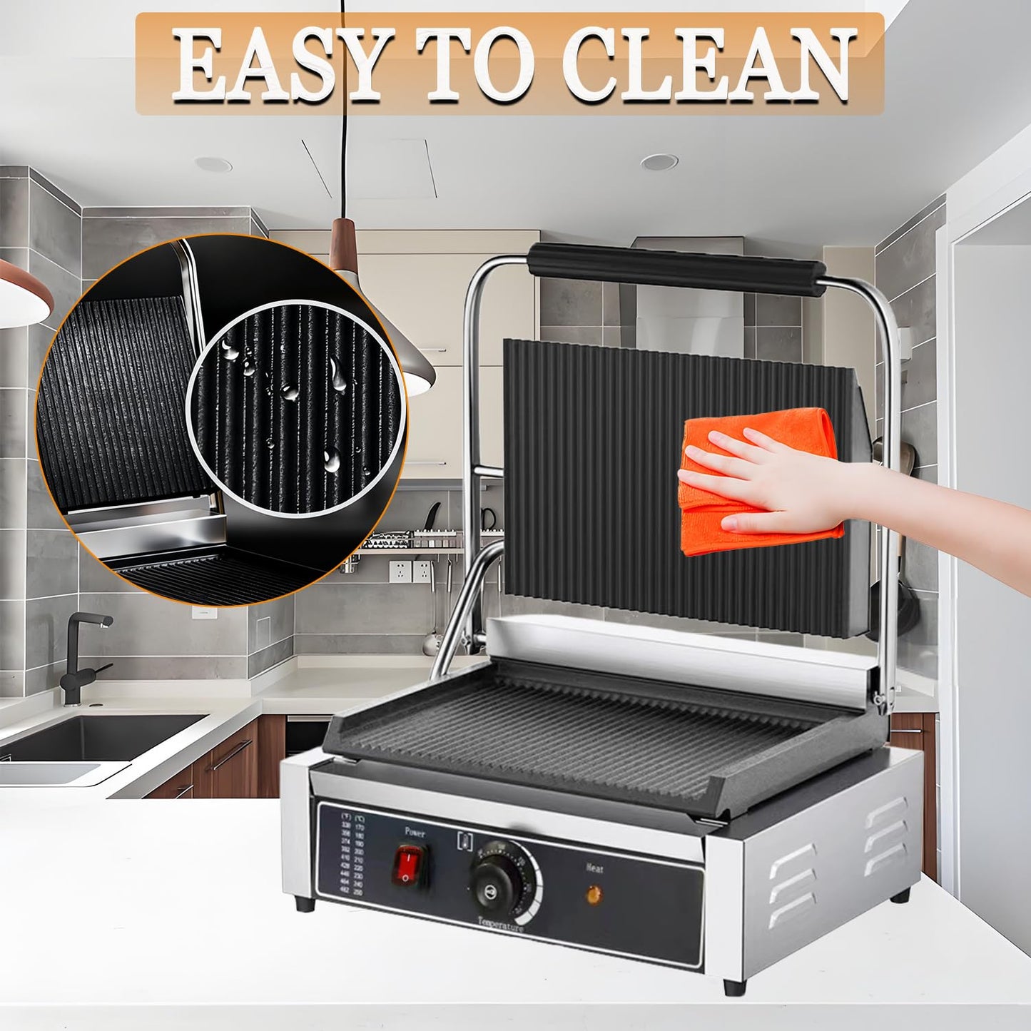 CTJ Commercial Panini Press Stainless Steel Electric Sandwich Maker - 2200W Countertop Panini Press Grill with Temp Control for Sandwich, Burger, Steak, Bacon, Grilled Cheese & Breakfast